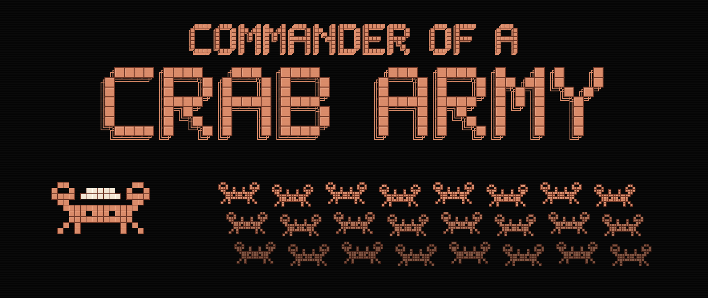 Commander of a crab army: a pixel-art crab in a captain's hat leading rows of crabs